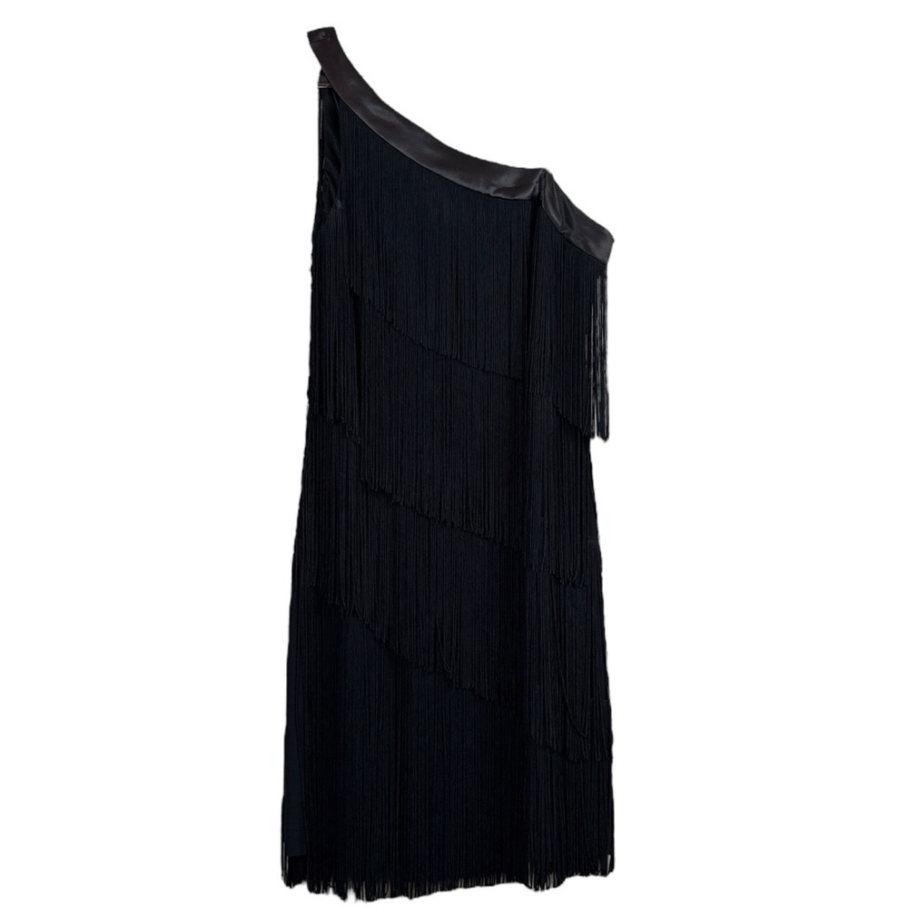 Aidan Mattox One Shoulder Fringe Satin Trim Flapper Cocktail Dress Black Size 2